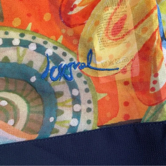 Desigual sheer festive top 3/4 sleeves floral Pom Pom V neckline orange yellow - Picture 16 of 16